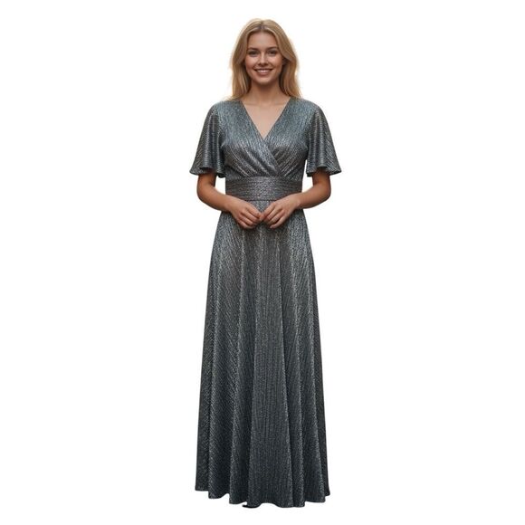 NWT Betsy & Adam Black Silver Metallic V Neck Flutter Sleeve Gown Dress - Picture 1 of 7